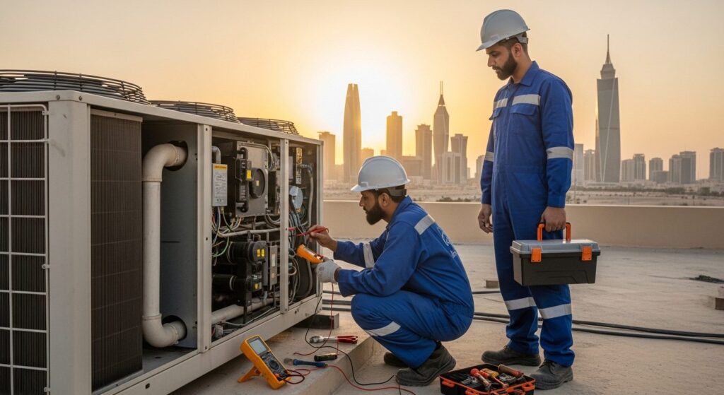AC technician repairing an air conditioning unit in Jeddah