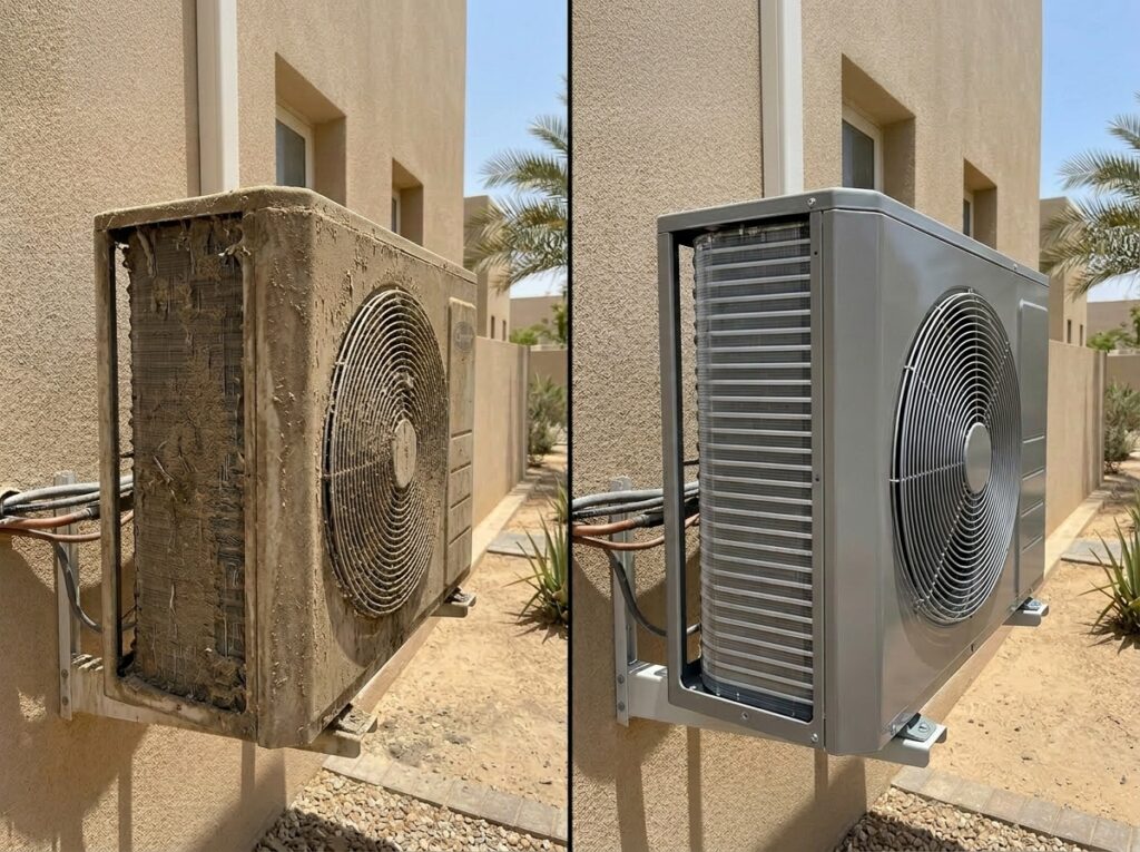 Before and after comparison of an outdoor AC unit covered in dust and sand, showing the results of professional cleaning and maintenance.