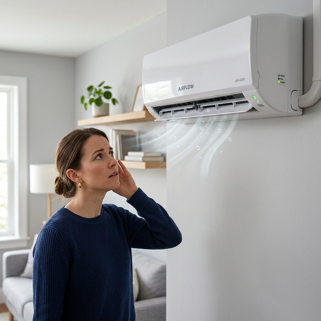Close-up of split AC making unusual hissing or bubbling sounds while a homeowner listens with concern.