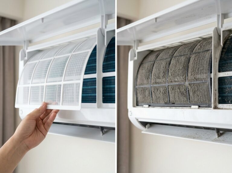 Clean vs dirty split AC air filter comparison showing a hand removing a clean white filter on the left and a clogged dusty filter inside an air conditioner on the right.