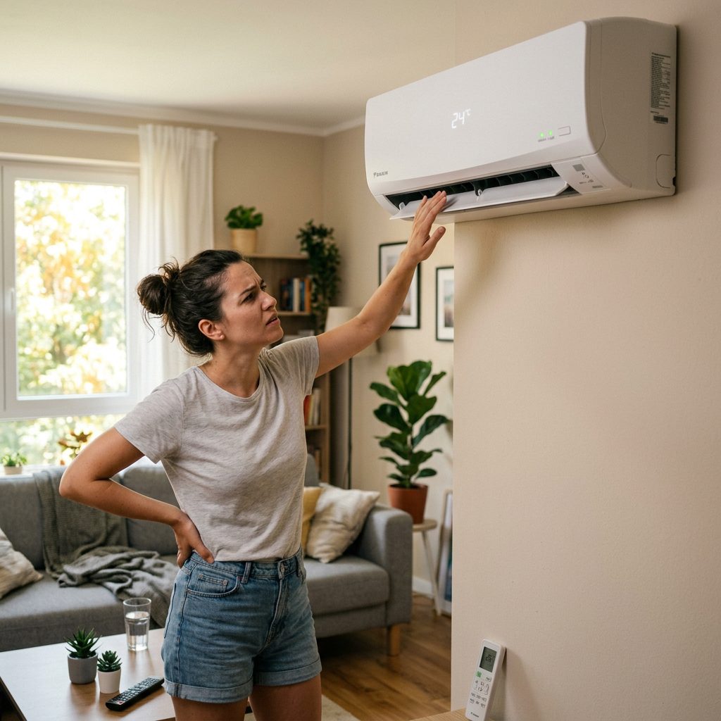 Wall-mounted split AC running with weak airflow while a person checks why the room is not cooling properly.