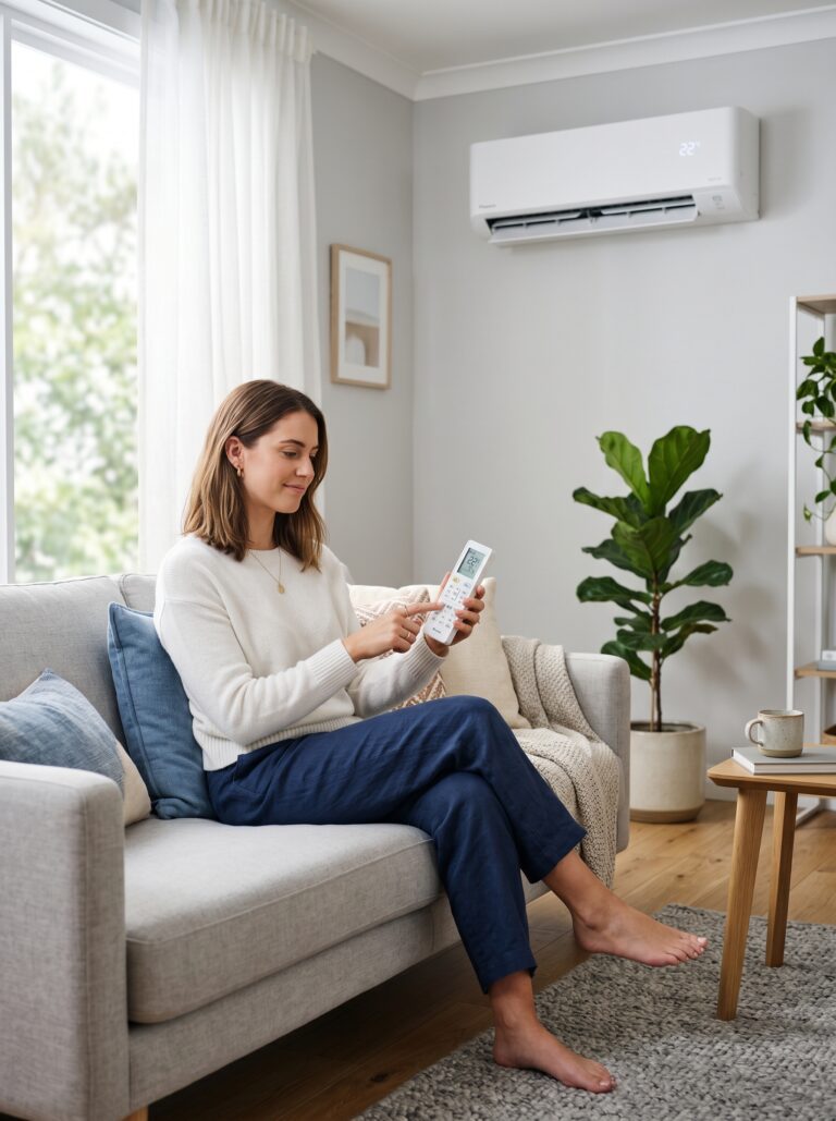 Woman sitting comfortably on a sofa while adjusting an AC remote in a modern living room with a wall-mounted air conditioner.