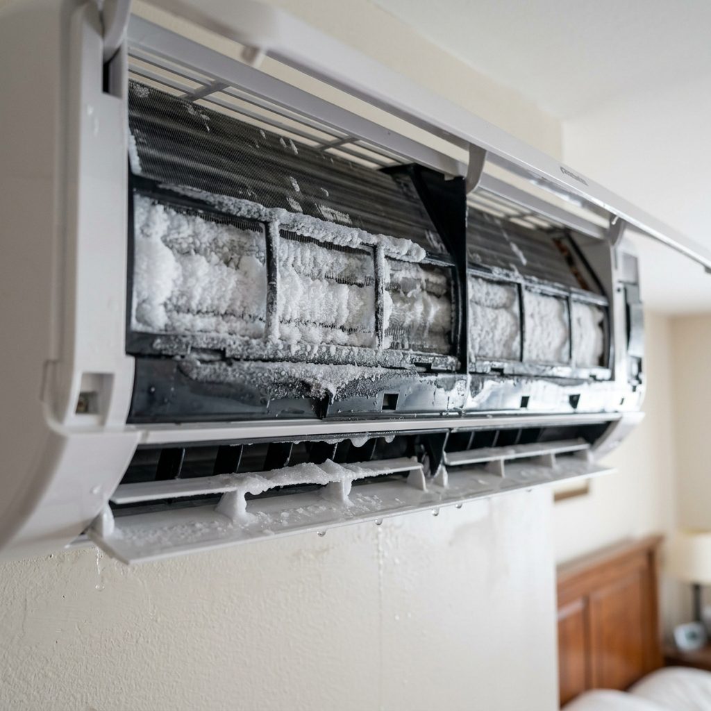 Split air conditioner indoor unit showing visible frost and ice buildup on coils and vents.