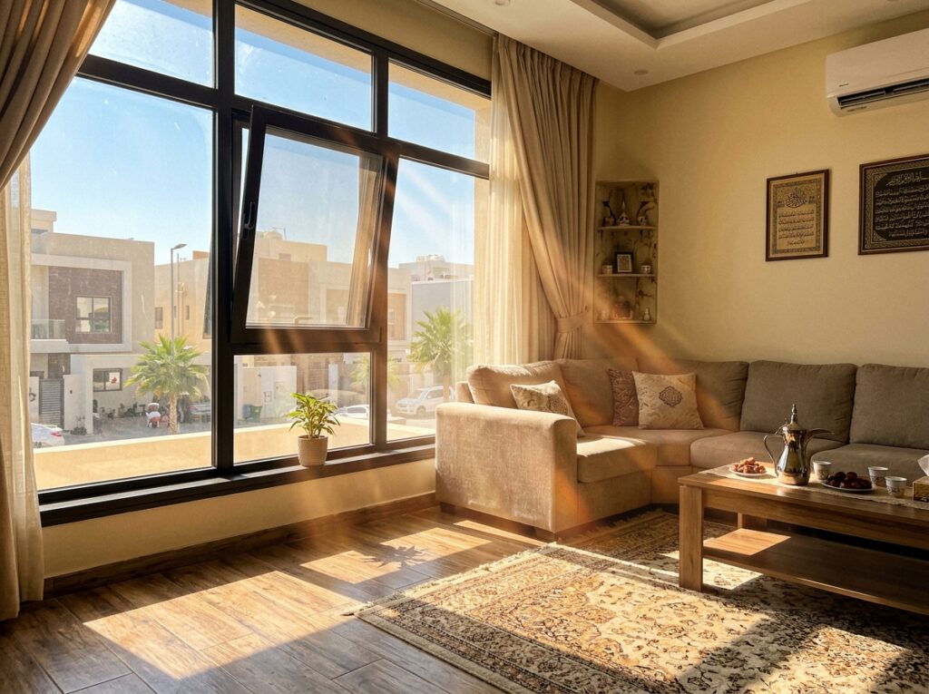 Bright sunlight entering a Saudi-style home through window gaps, creating warm light patches indoors and increasing room heat.