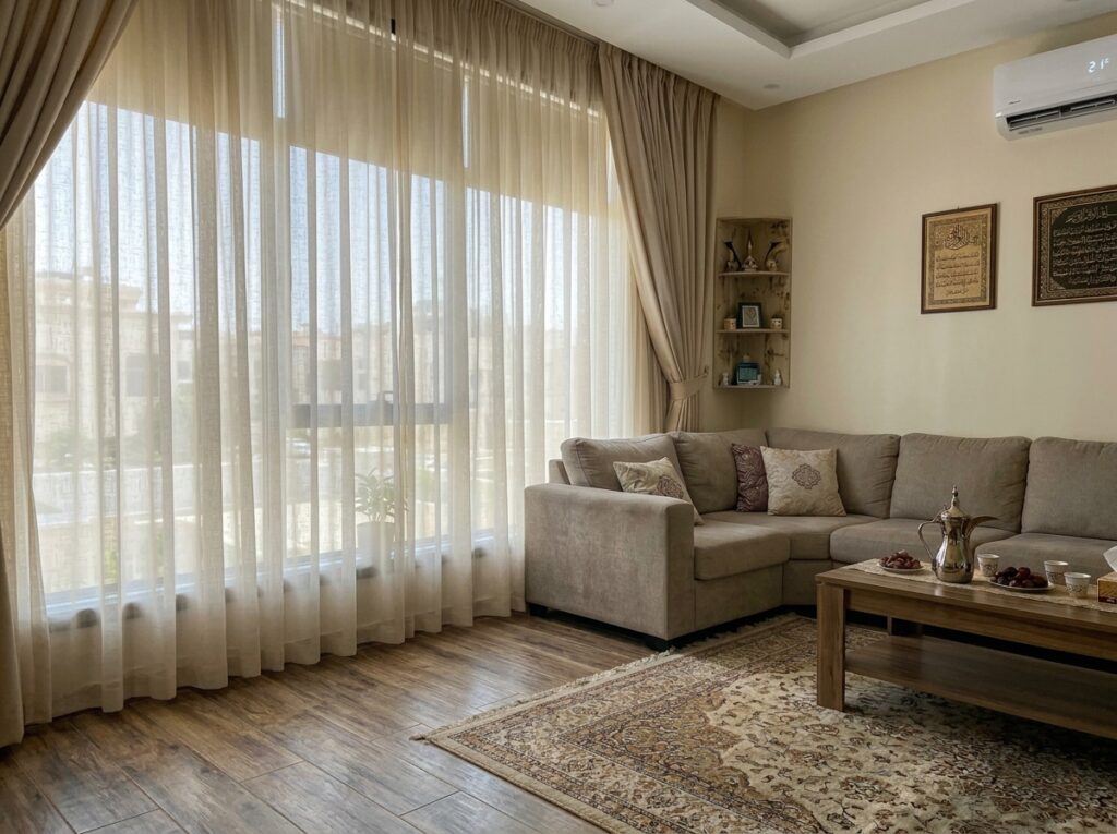 Sunlight filtered through large curtains in a Saudi-style living room with a wall-mounted air conditioner, a beige sofa, and modern interior decor.