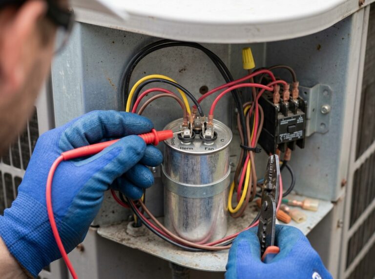 Close-up of an HVAC technician inspecting or replacing an AC capacitor with tools near electrical wiring inside an air conditioner unit.