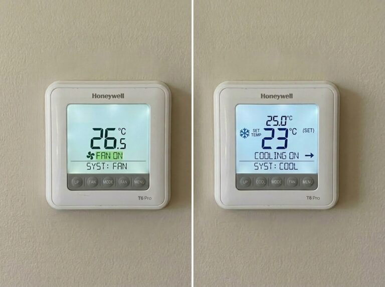 Close-up of AC thermostat display comparing incorrect fan mode setting with correct cool mode set for efficient cooling.