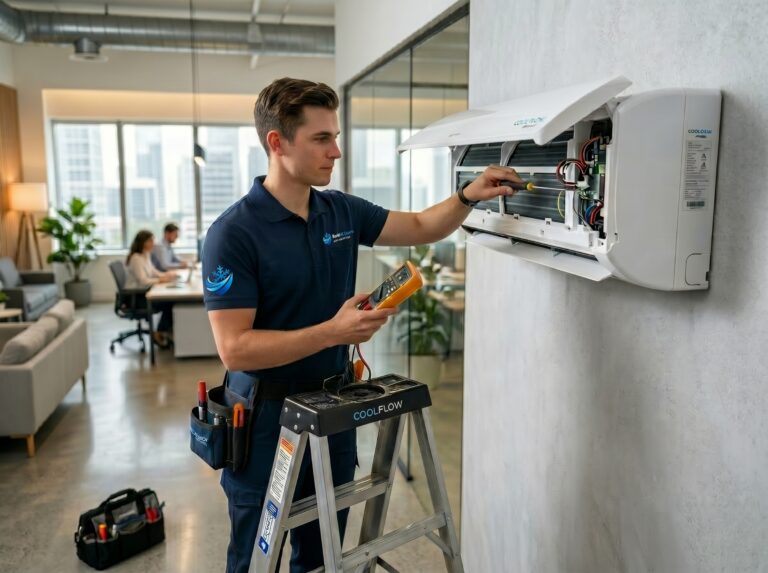 HVAC technician in navy uniform standing on a ladder while inspecting and repairing a wall-mounted split air conditioner using testing equipment inside a modern office space.
