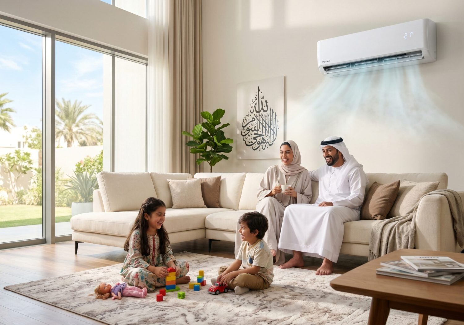 Saudi family relaxing in a cool home with a modern split air conditioner after professional AC service in Jeddah.